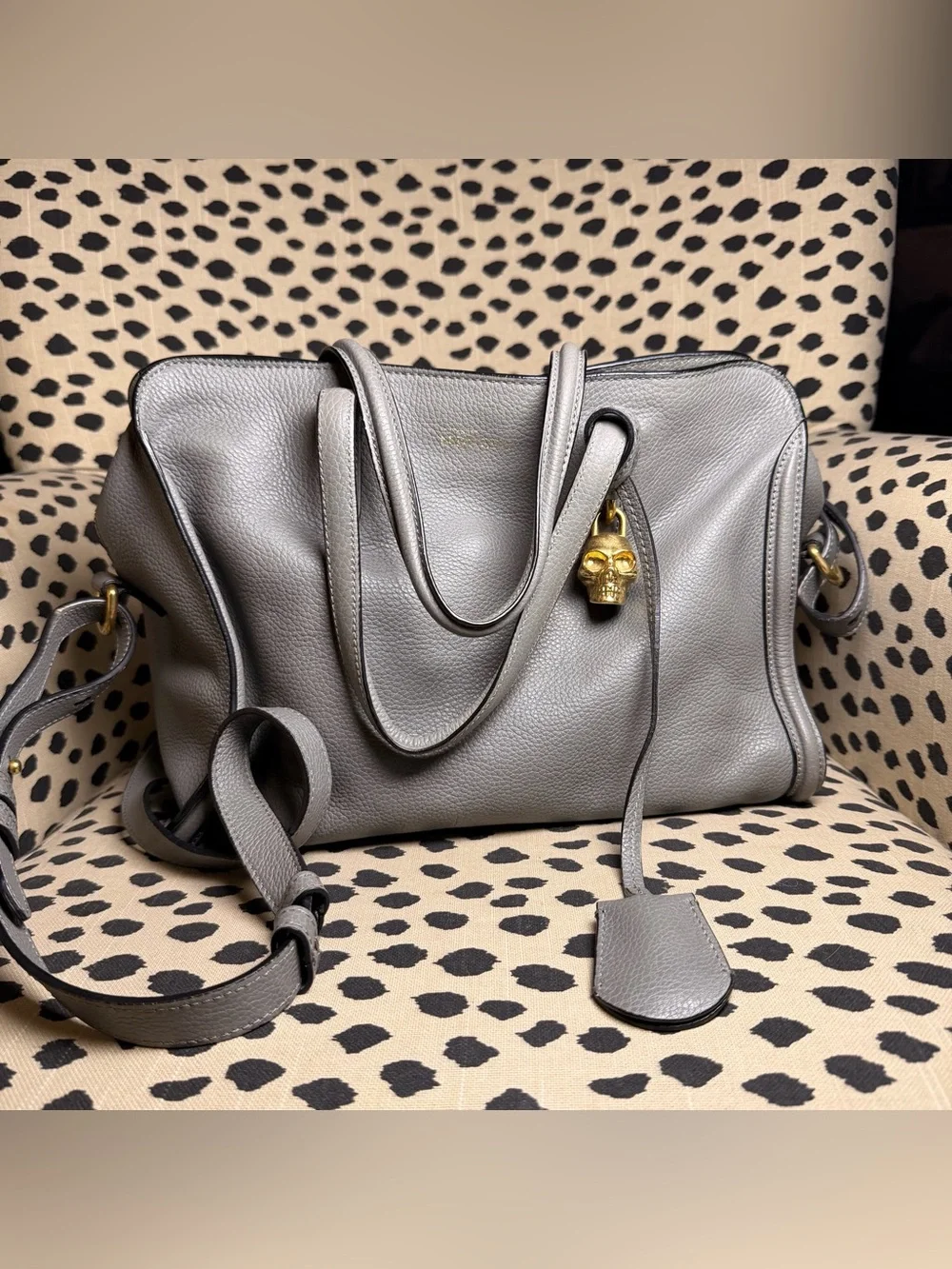 Alexander McQueen Gray Leather Satchel with Gold Skull Accent